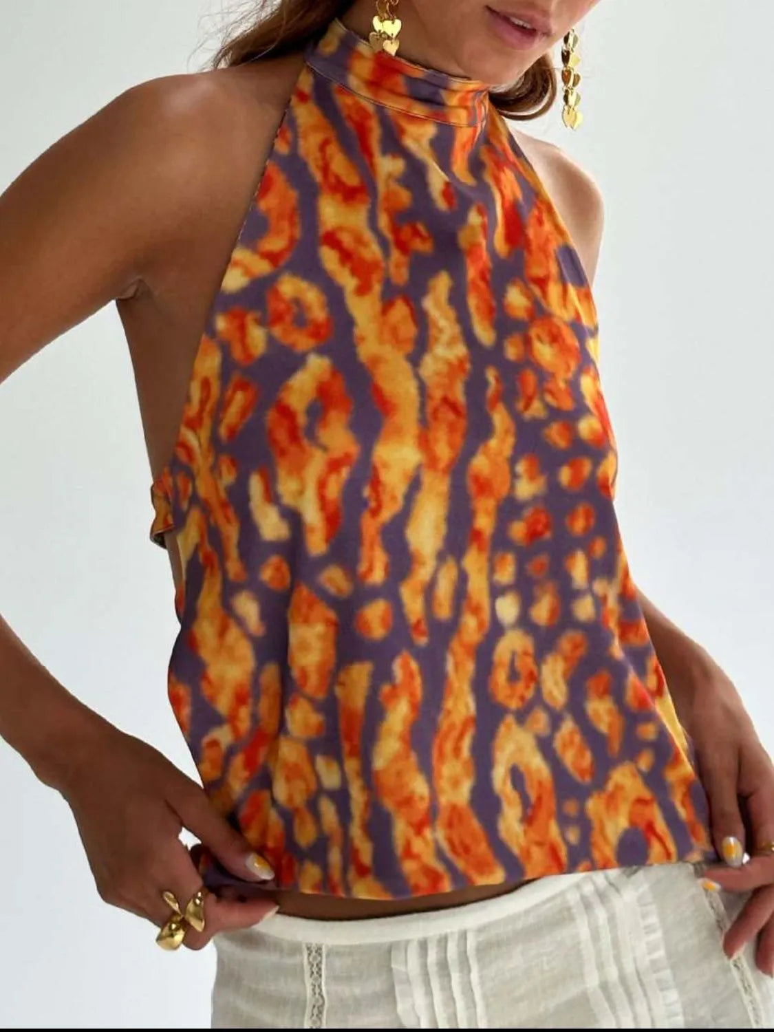 Backless Printed Halter Neck Tank