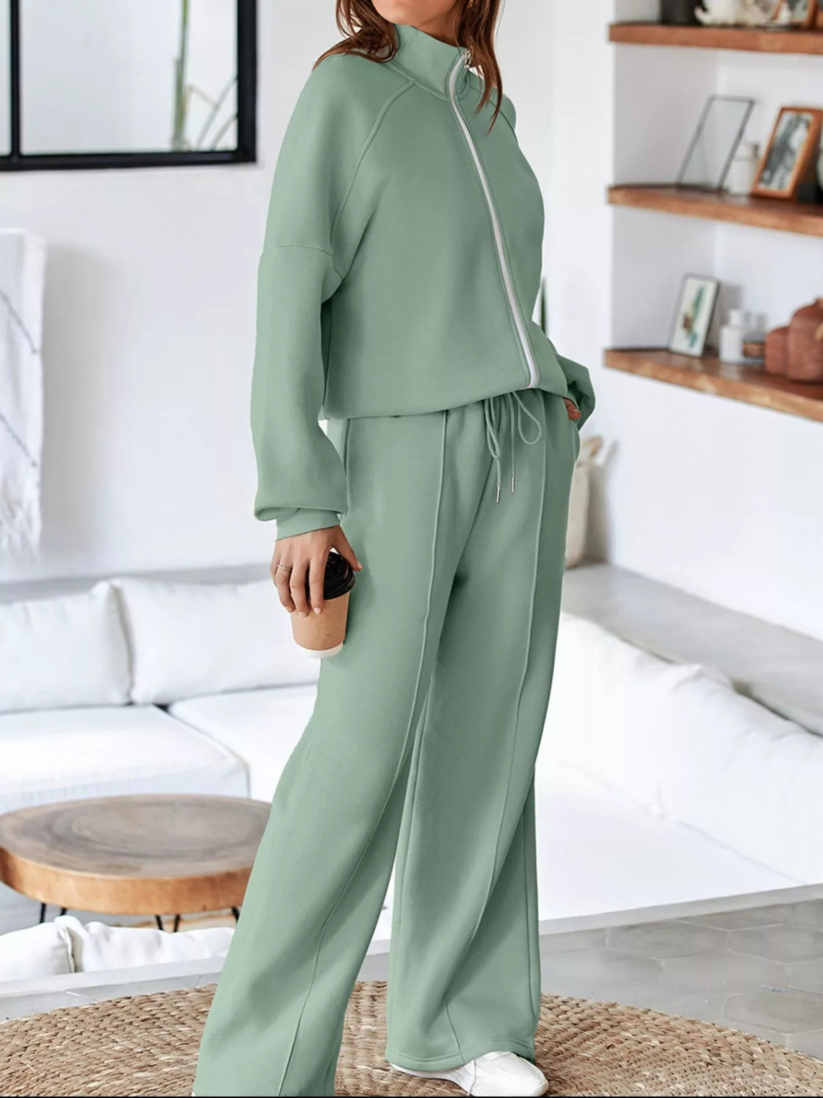 Drop Shoulder Zip Up Jacket and Drawstring Pants Active 2pcs Set