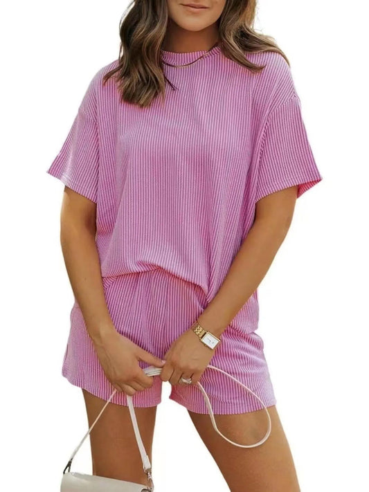 Full Size Ribbed Short Sleeve Top and Shorts Two-Piece Set Plus Size