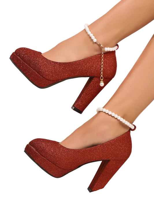 Glitter Platform Block Heel Pumps