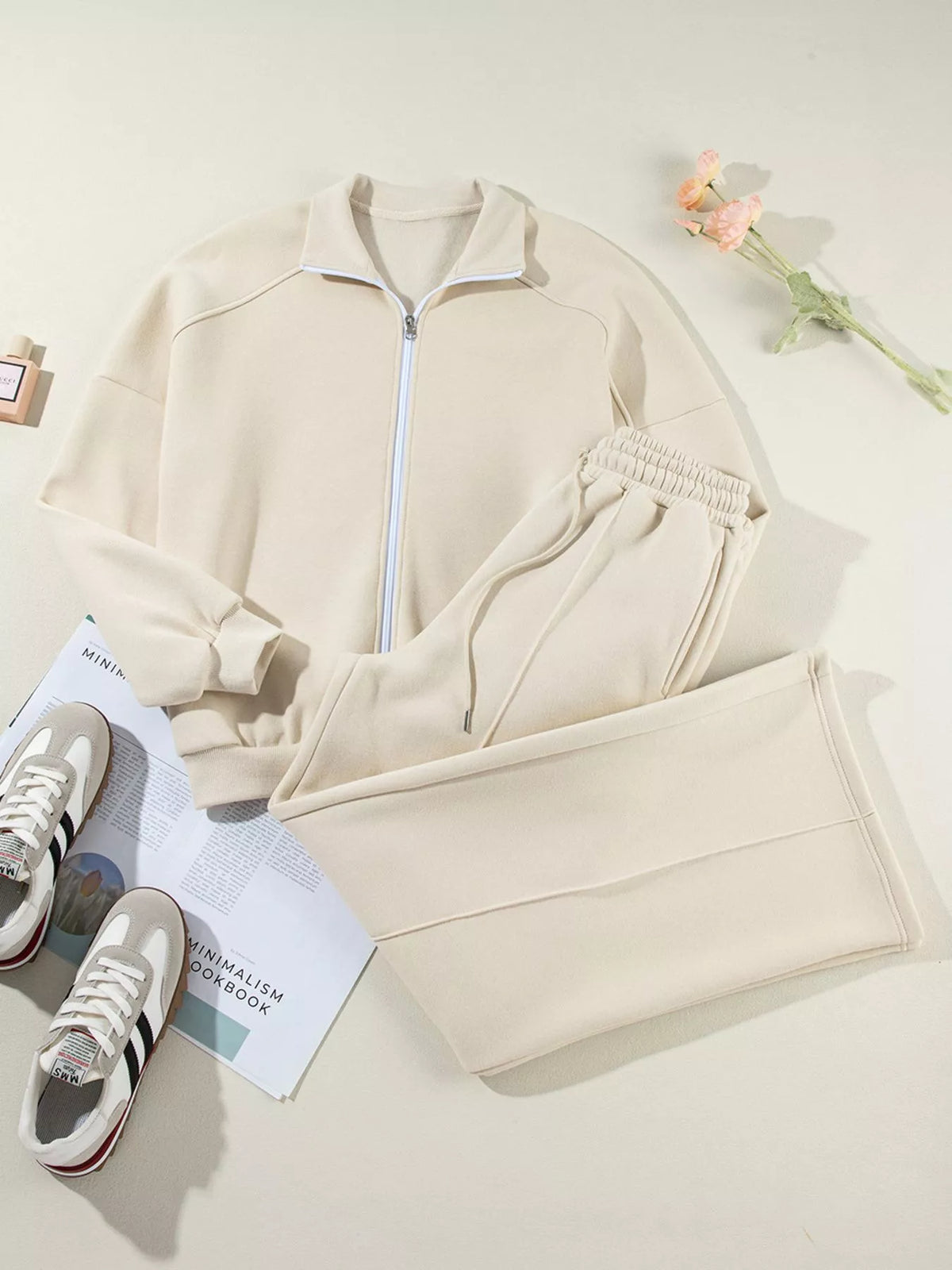 Drop Shoulder Zip Up Jacket and Drawstring Pants Active 2pcs Set