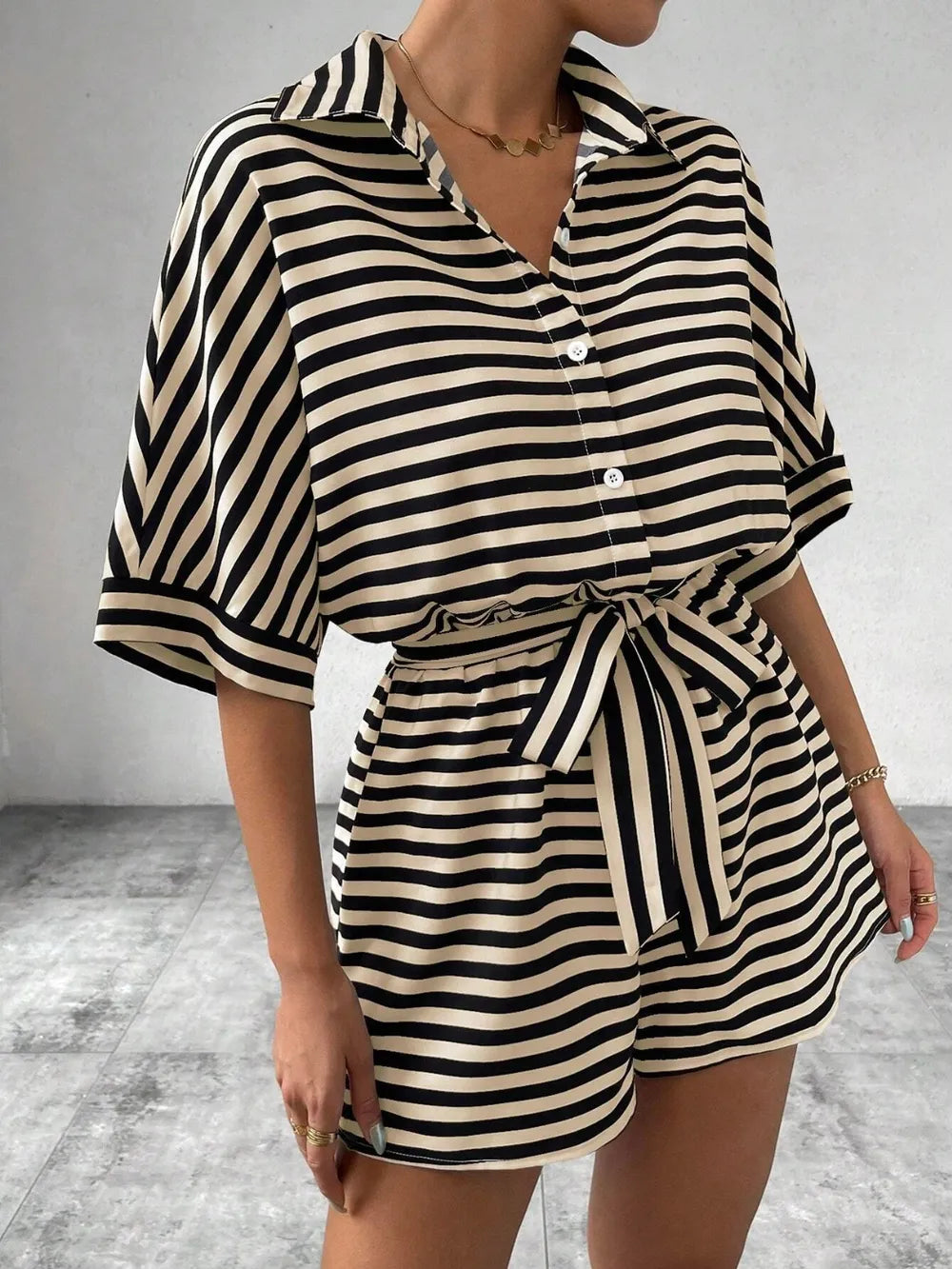 Tie Waist Half Button Striped Romper