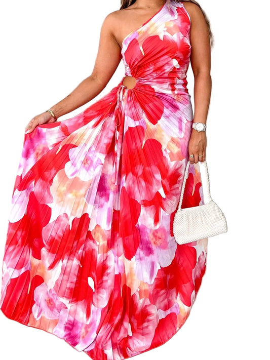 Printed One Shoulder Asymmetrical Maxi Dress