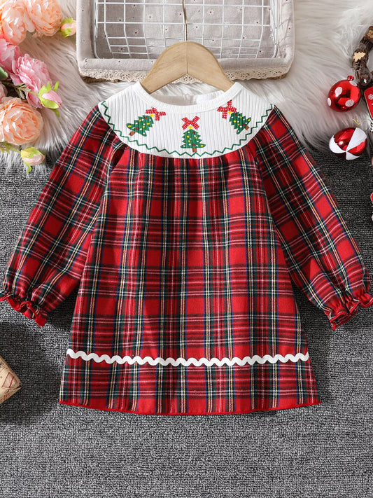 Children's Christmas Plaid Long Sleeve Dress