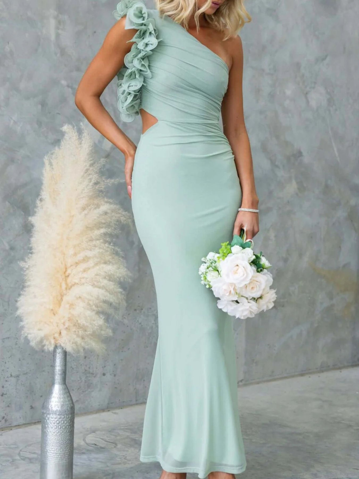 One-Shoulder Floral Trim Sleeveless Maxi Dress