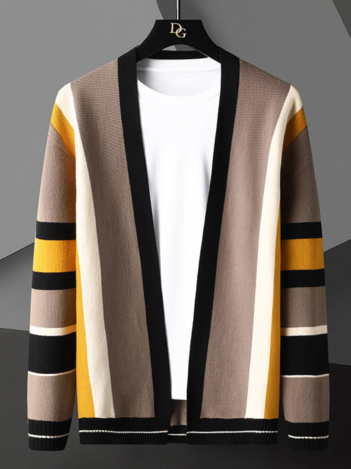 Men's Plus Size Striped Open Front Knit Cardigan