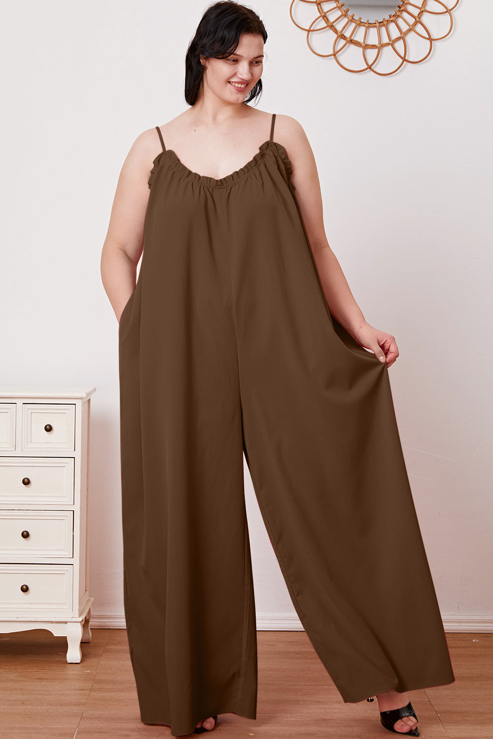 Double Take Ruffle Trim Tie Back Cami Jumpsuit