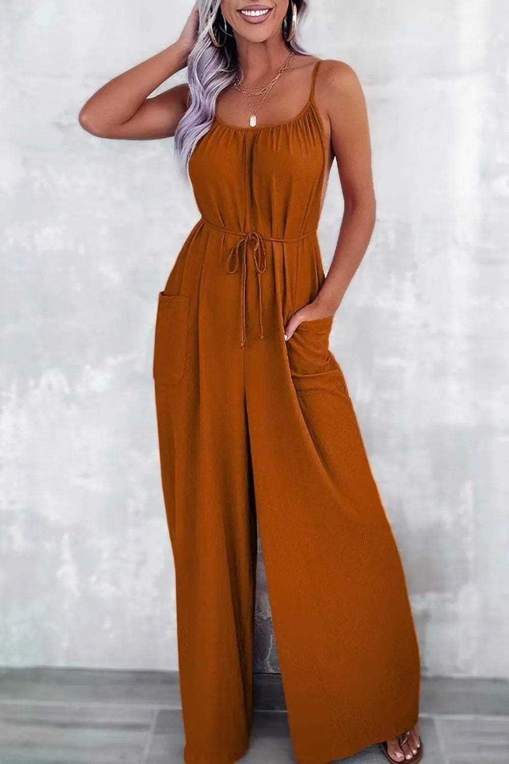 Casual Spaghetti Strap Wide Leg Jumpsuit with Pockets