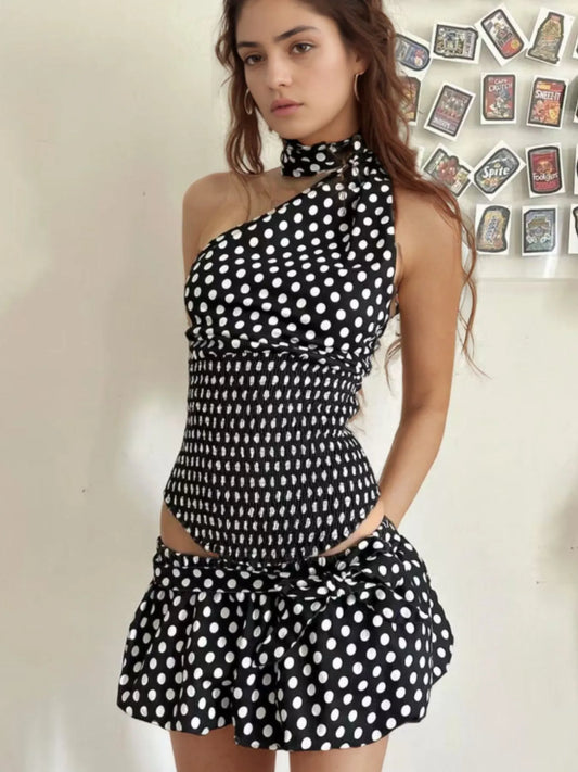 Polka Dot One-Shoulder Top and Mini Skirt Set