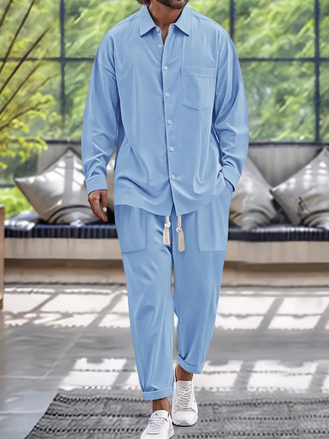 Men's Button Down Long Sleeve Shirt and Pants Set
