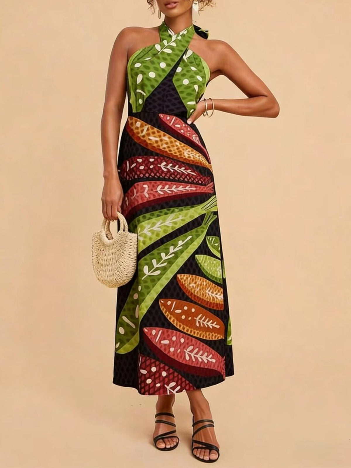 Tropical Print Halter Neck Midi Dress