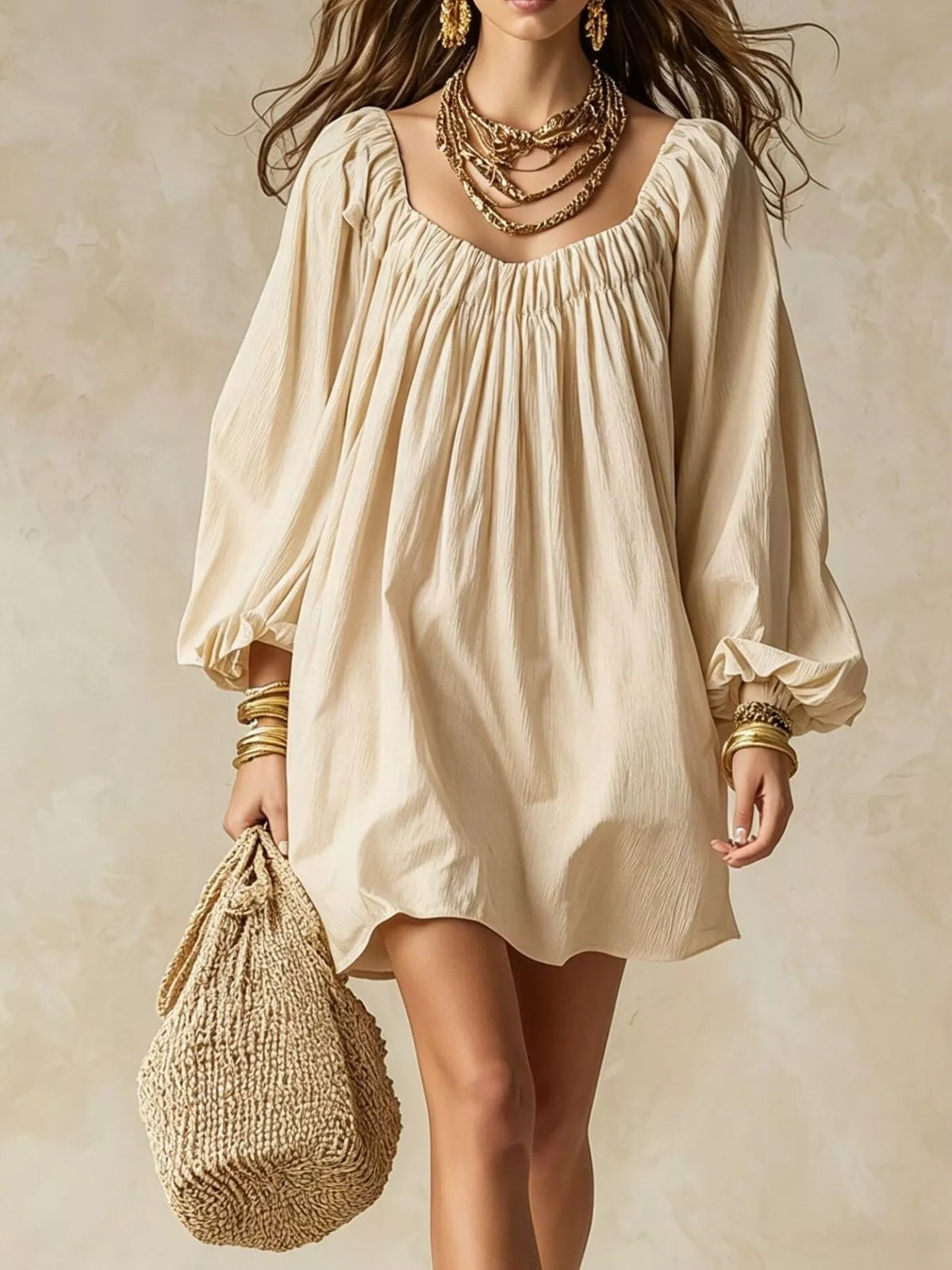 Flowy Balloon Sleeve Mini Dress