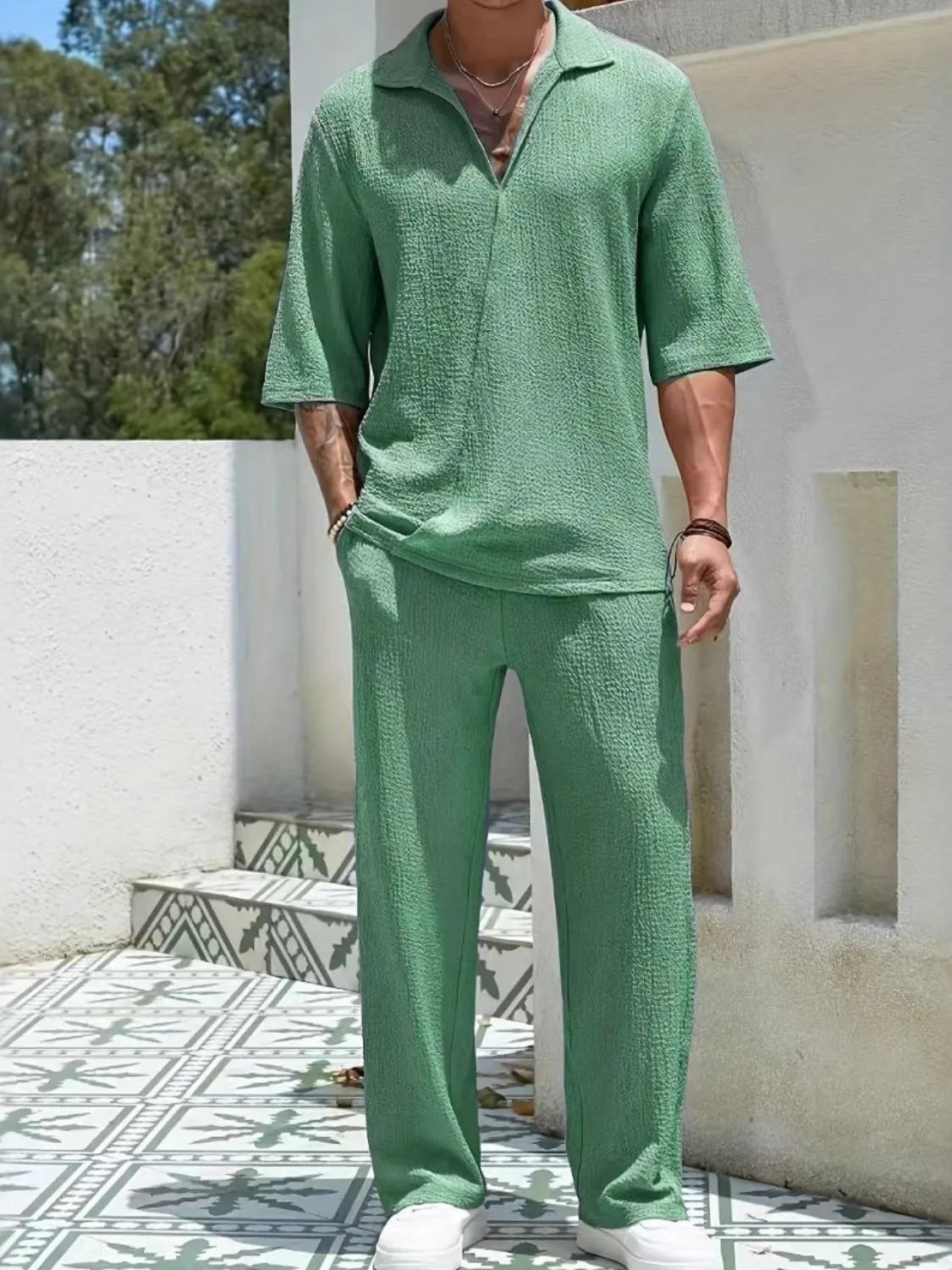 Men's Johnny Collar Half Sleeve Top and Pants Set