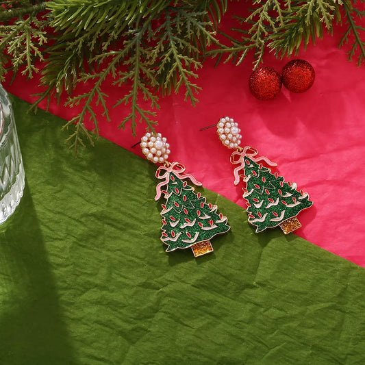 Christmas Tree Dangle Earrings with Pearl