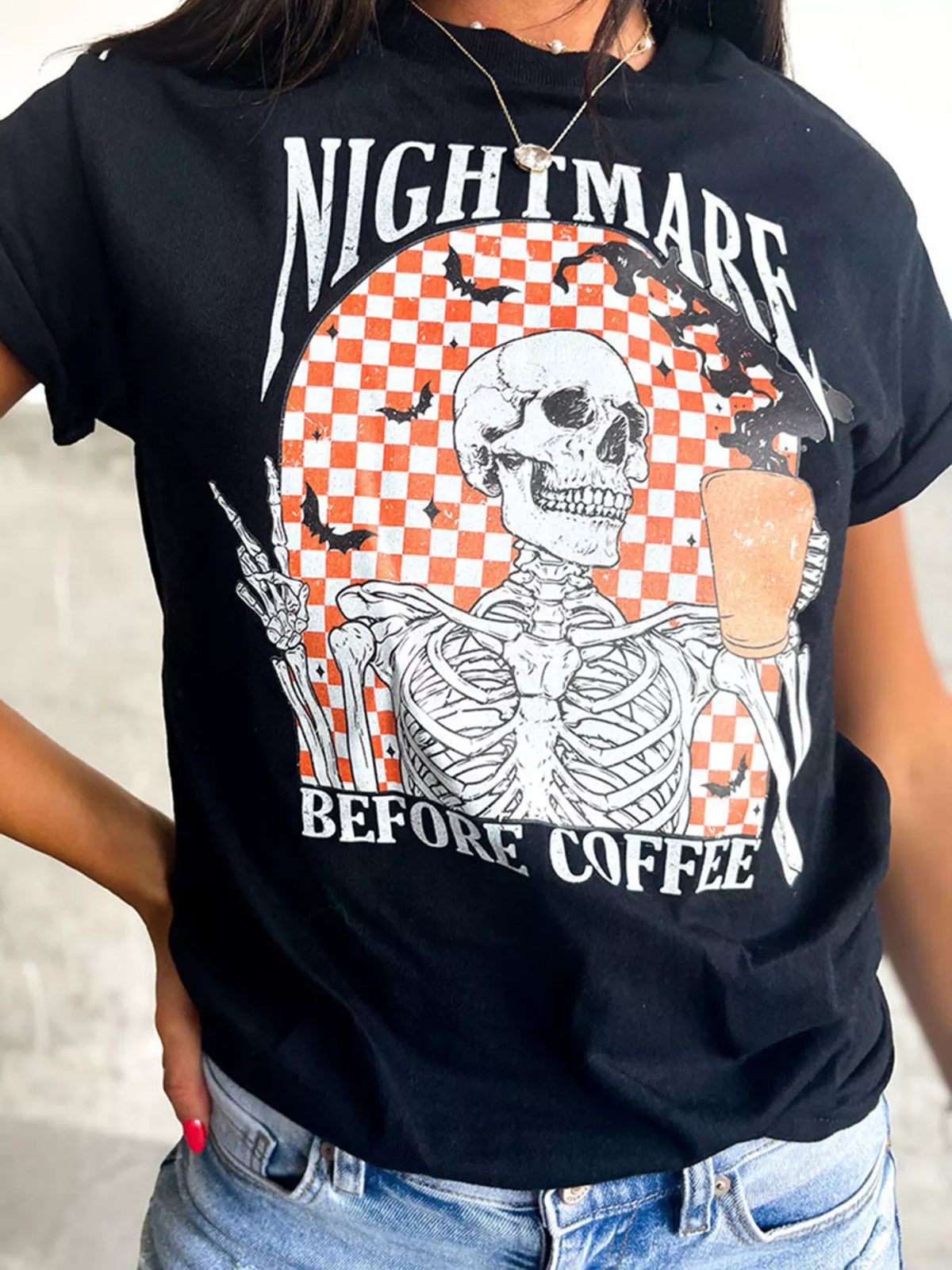 Halloween Skull Checkerboard Graphic Round Neck T-Shirt