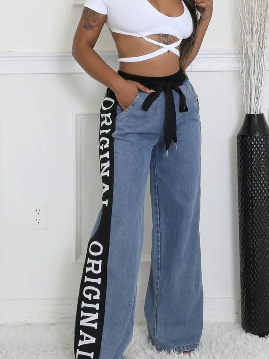 High Waist Wide Leg Denim Jeans with Side Letter Print