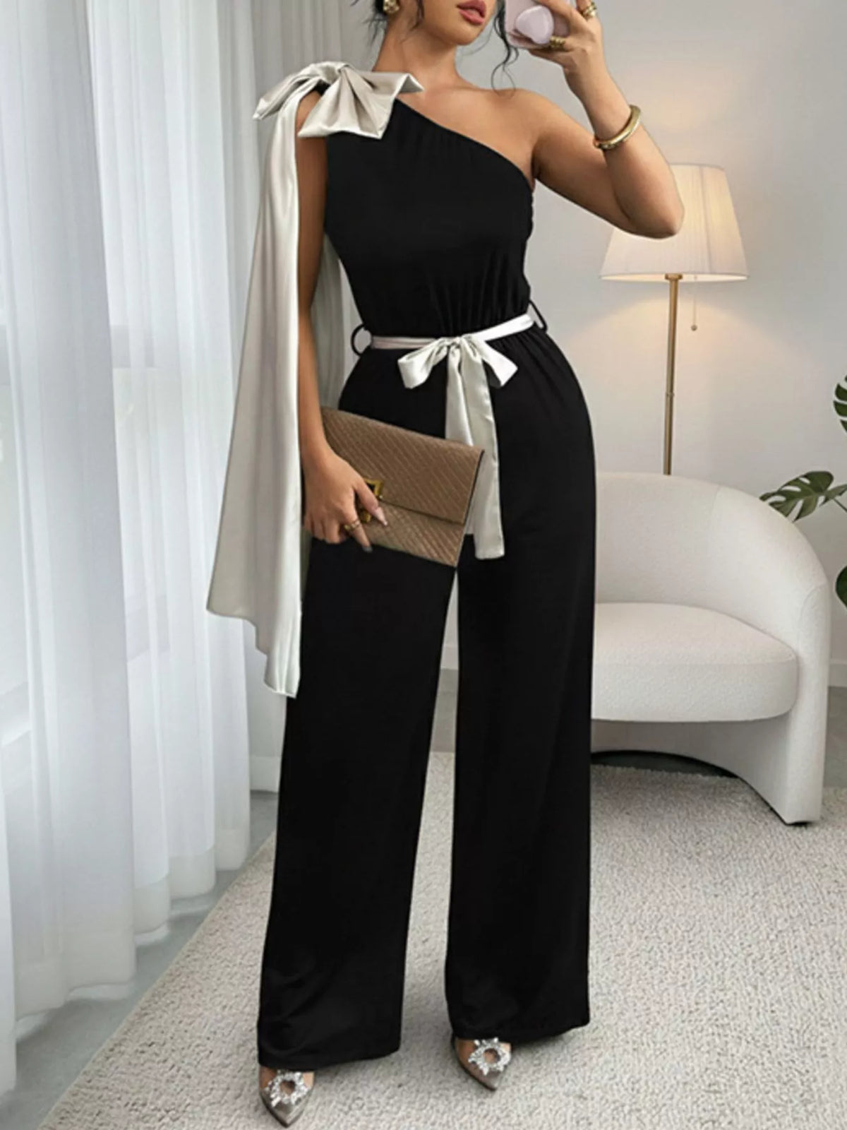 One-Shoulder Bowknot Wide Leg Jumpsuit
