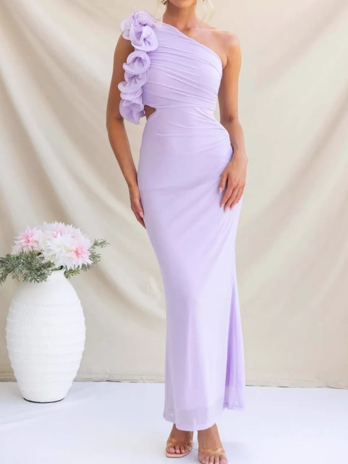 One-Shoulder Floral Trim Sleeveless Maxi Dress