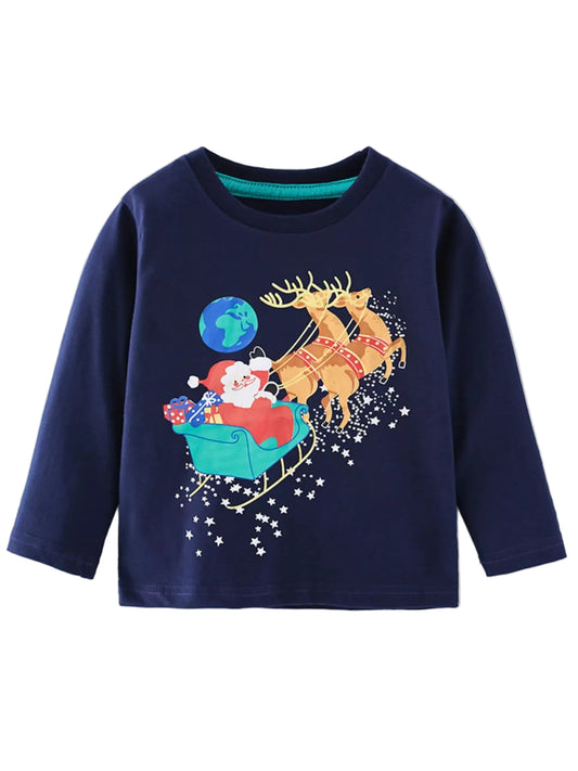 Children's Christmas Santa Sleigh Graphic Long Sleeve T-Shirt