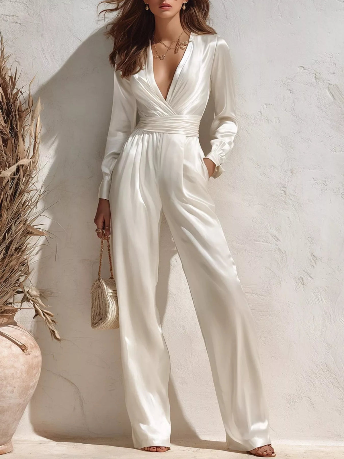 Satin Long Sleeve Wide Leg Jumpsuit