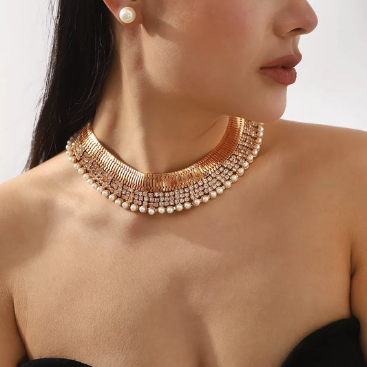 18K Gold-Plated Pearl & Rhinestone Necklace and Earrings Set
