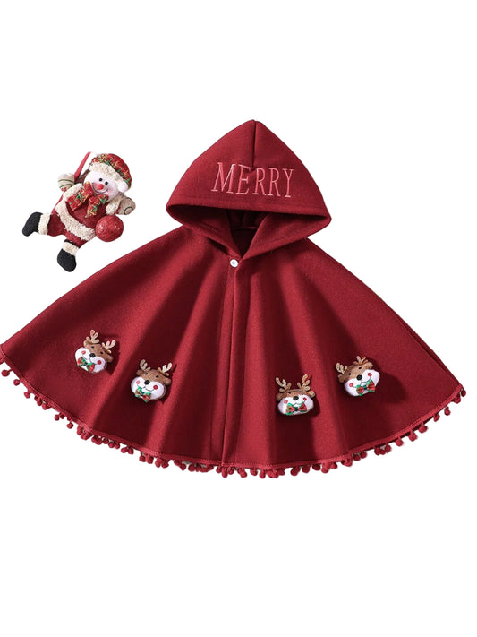 Children's Reindeer Embroidered Christmas Cape Outerwear