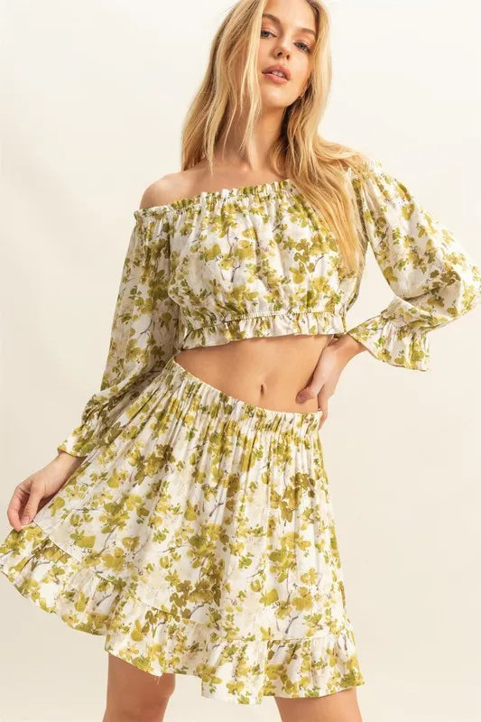 HYFVE Floral Off-Shoulder Flounce Sleeve Top and Skirt Set