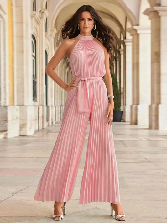 Pleated Tied Sleeveless Wide-Leg Jumpsuit