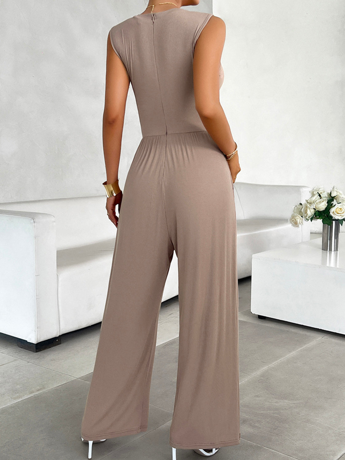 Round Neck Sleeveless Wide-Leg Ruched Jumpsuit