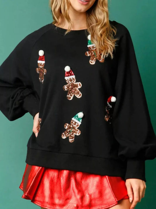Christmas Sequin Gingerbread Round Neck Sweatshirt