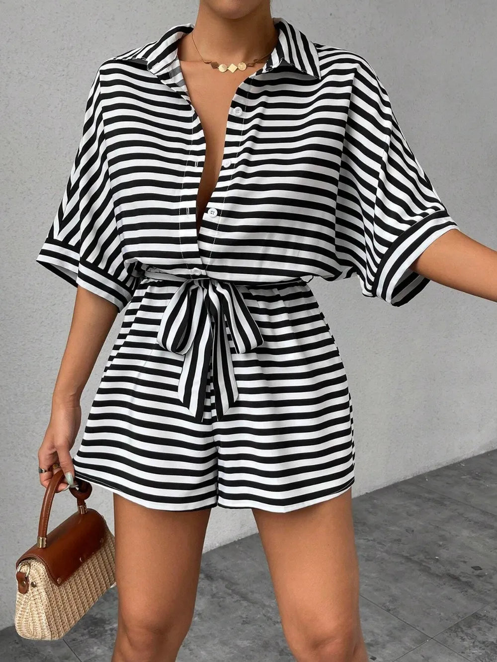 Tie Waist Half Button Striped Romper