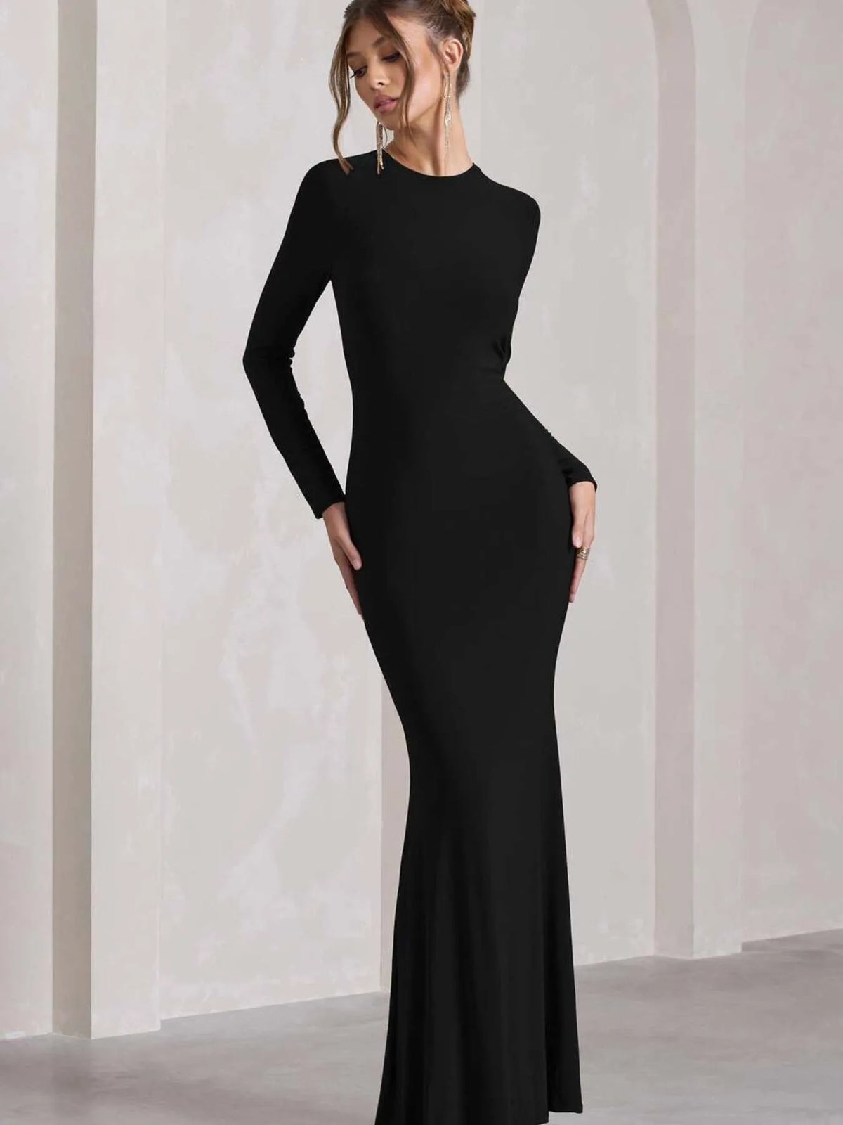 Round Neck Long Sleeve Bodycon Maxi Dress