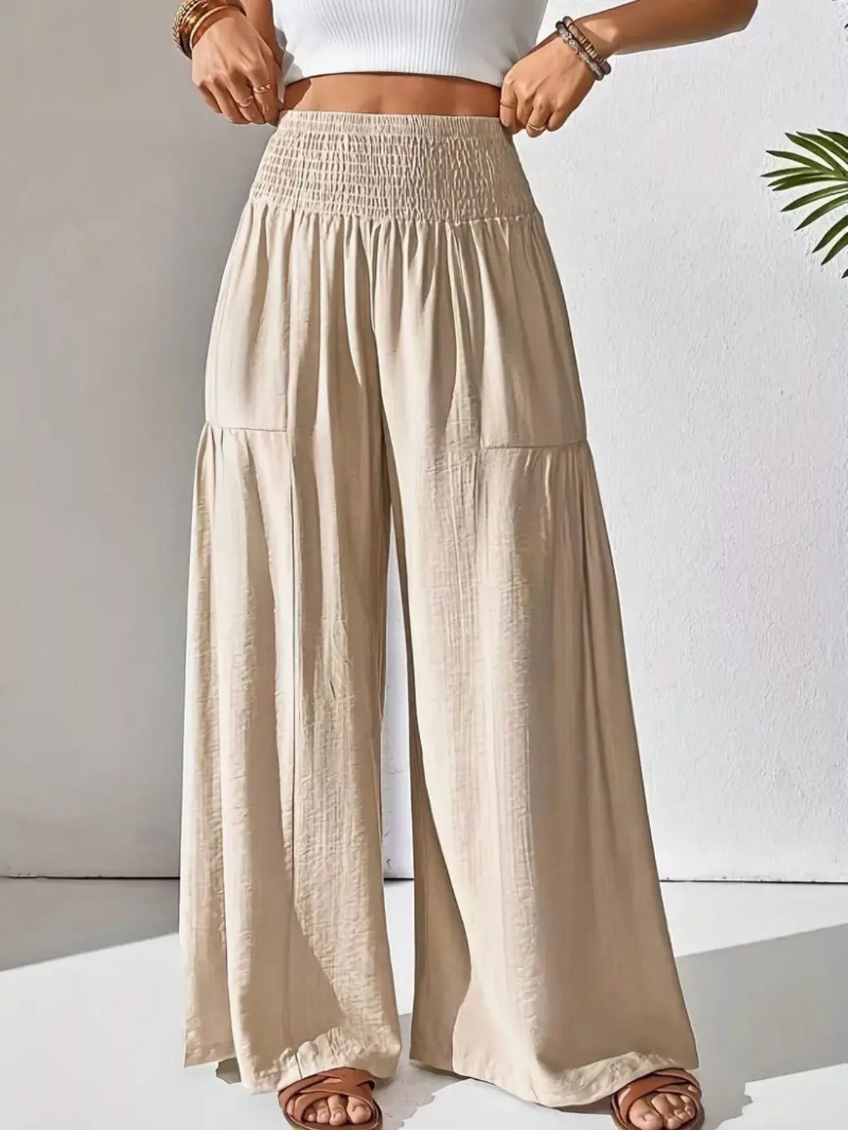 Smocked Waist Wide Leg Pants
