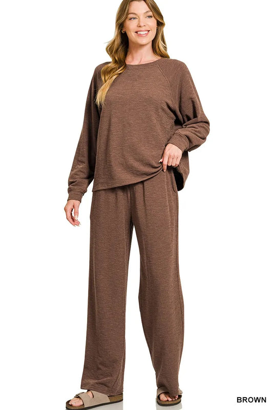 Zenana Slub Long Sleeve Top and Pants Lounge Set