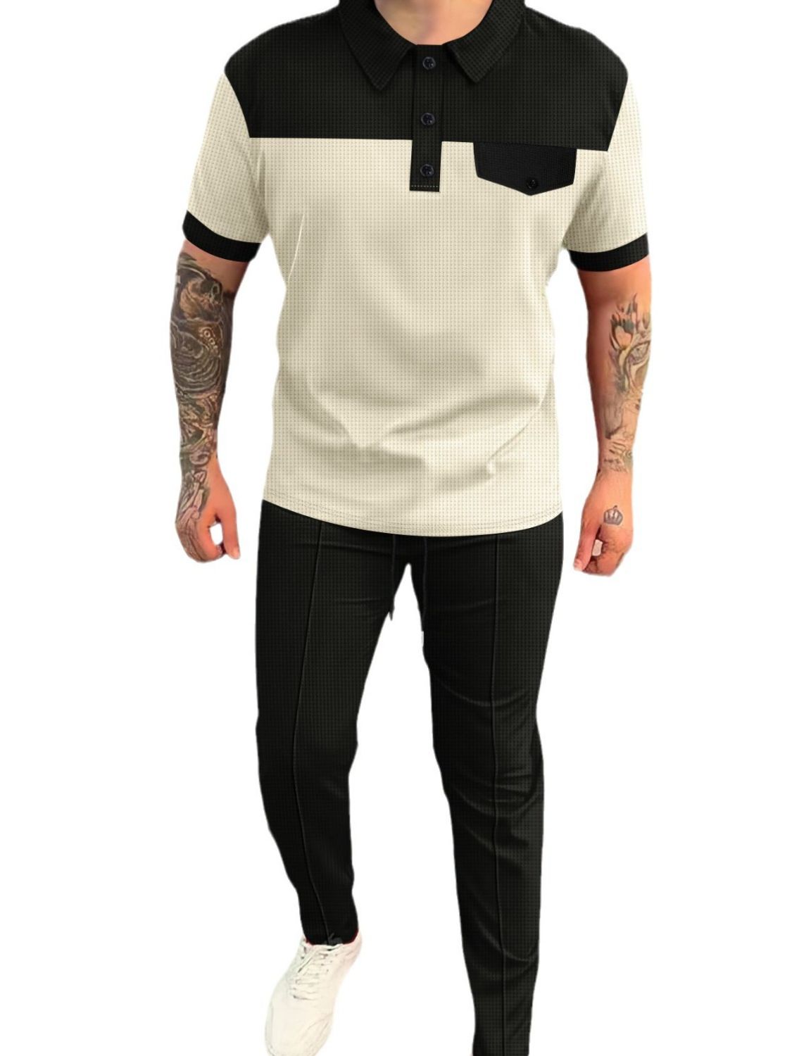 Men's Full Size Waffle-Knit Contrast Top and Pants Set Plus Size