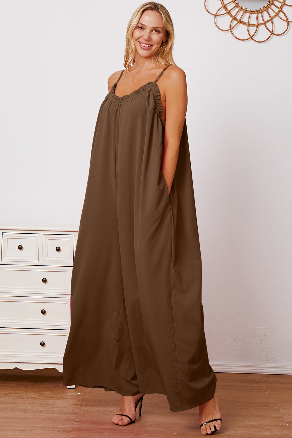 Double Take Ruffle Trim Tie Back Cami Jumpsuit