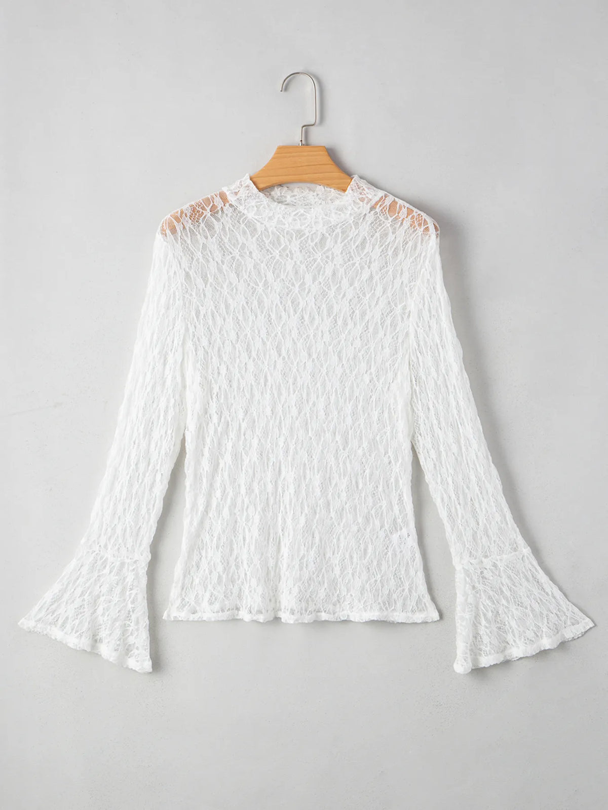 Sheer Lace Bell Sleeve Mock Neck Blouse