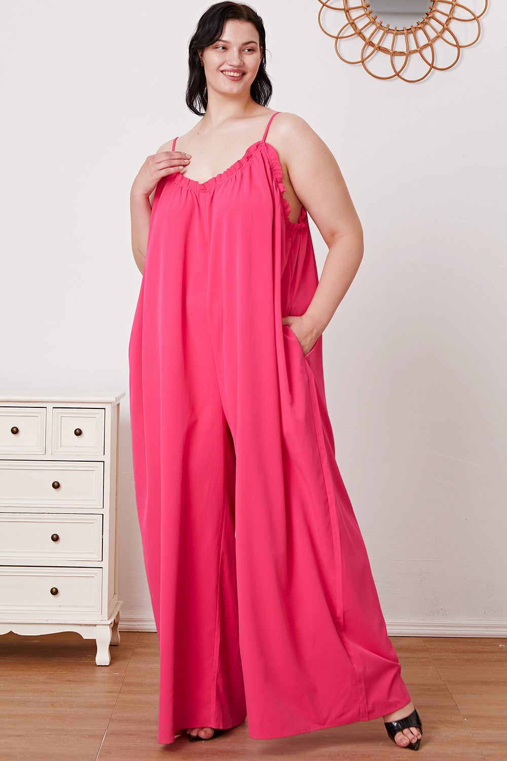 Double Take Ruffle Trim Tie Back Cami Jumpsuit