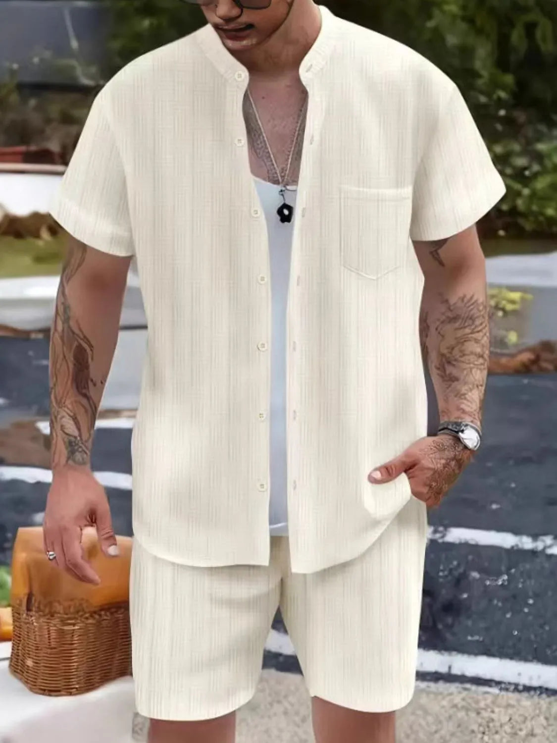 Men's Button Up Short Sleeve Shirt and Shorts Set