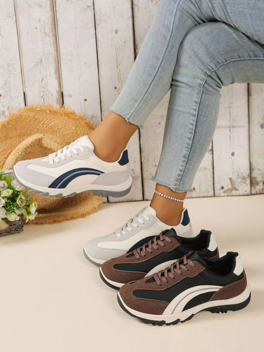 Contrast Lace Up Athletic Sneakers - Brown/White