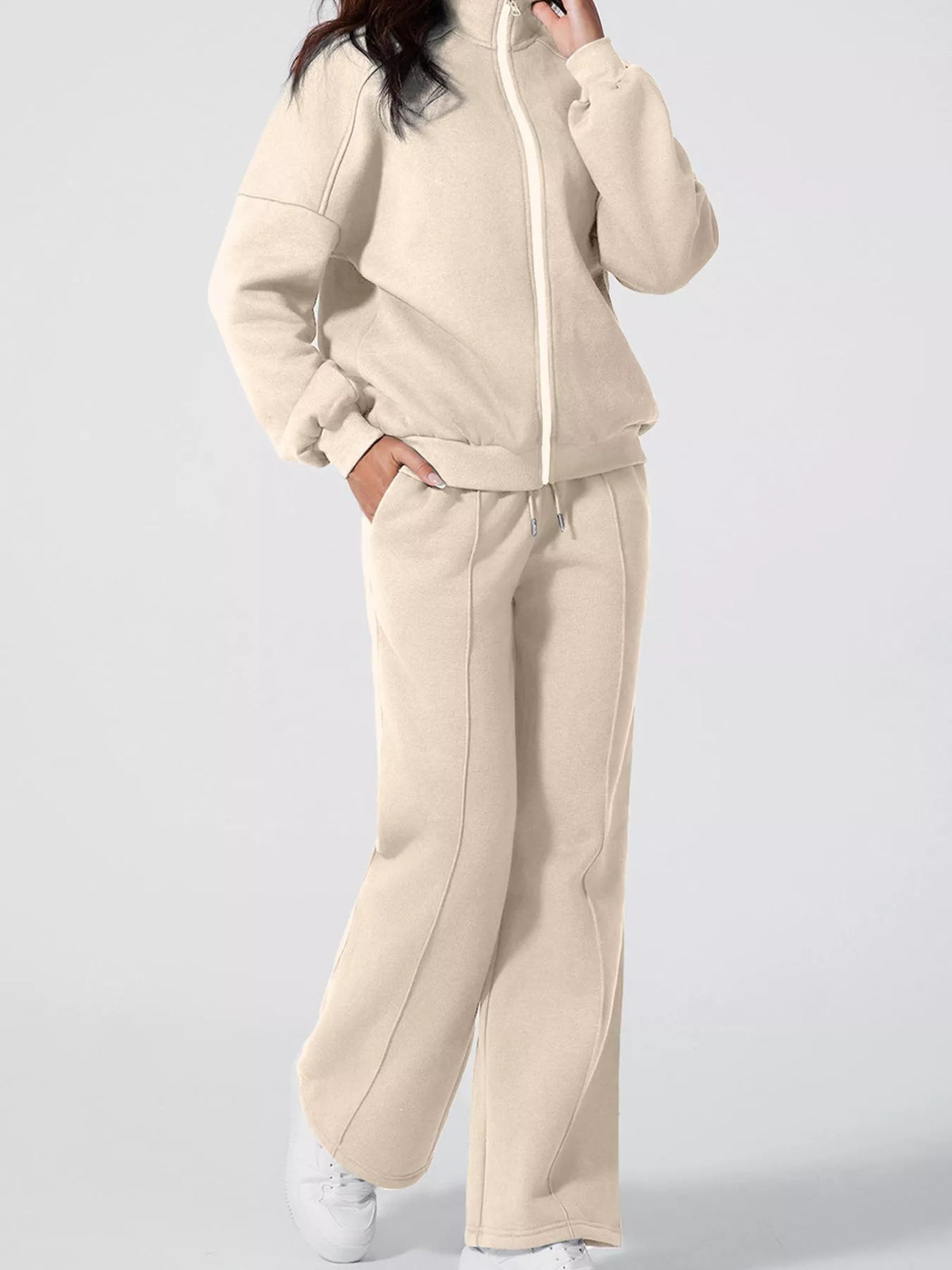 Drop Shoulder Zip Up Jacket and Drawstring Pants Active 2pcs Set