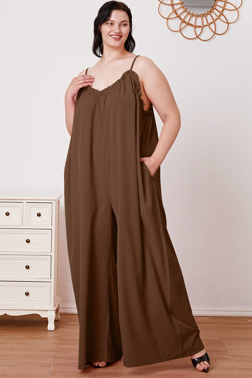 Double Take Ruffle Trim Tie Back Cami Jumpsuit