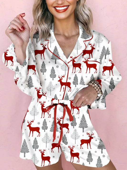 Christmas Fashion Print Velvet Trim Top and Shorts Pajama 2pcs Set