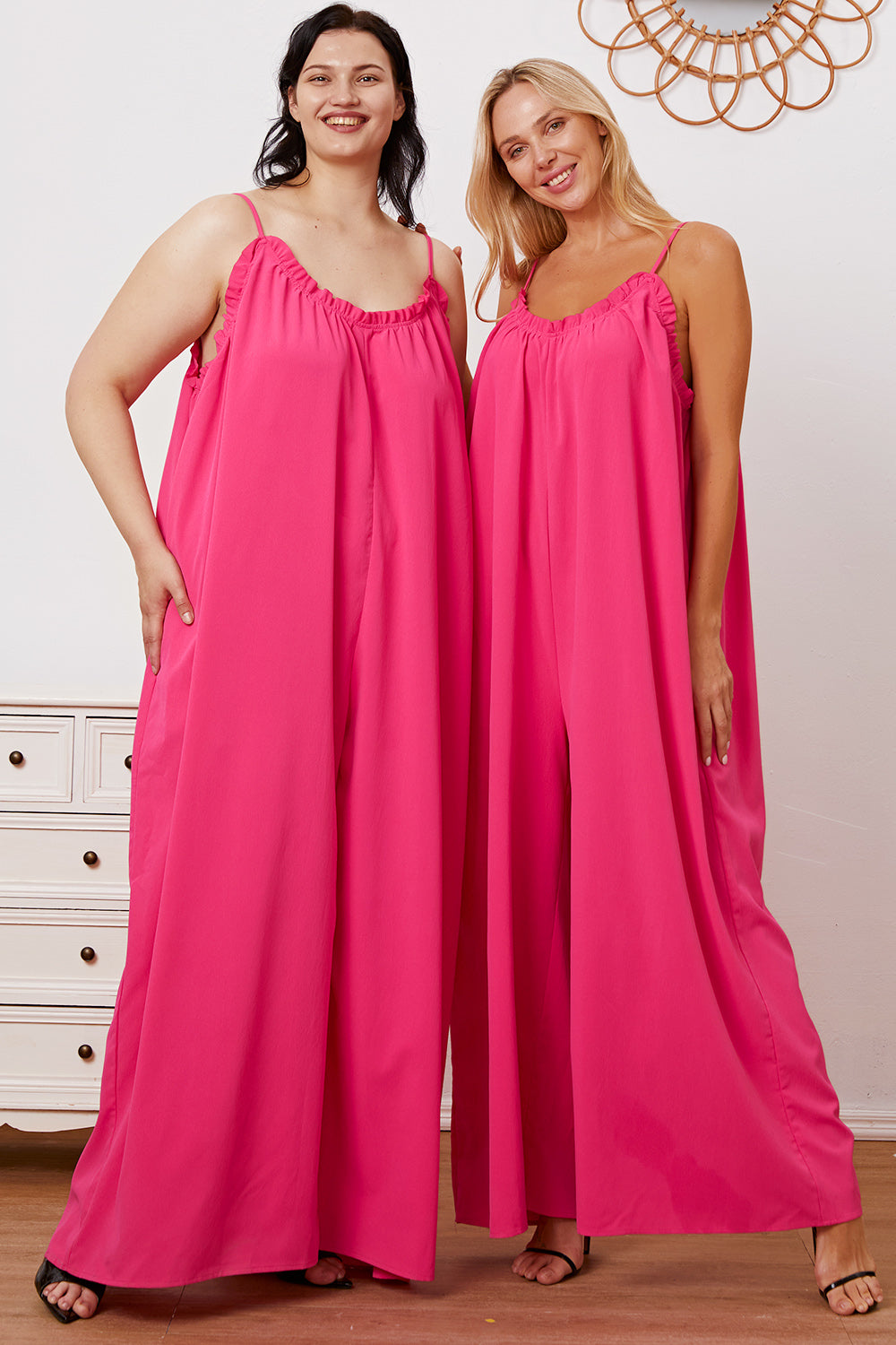 Double Take Ruffle Trim Tie Back Cami Jumpsuit