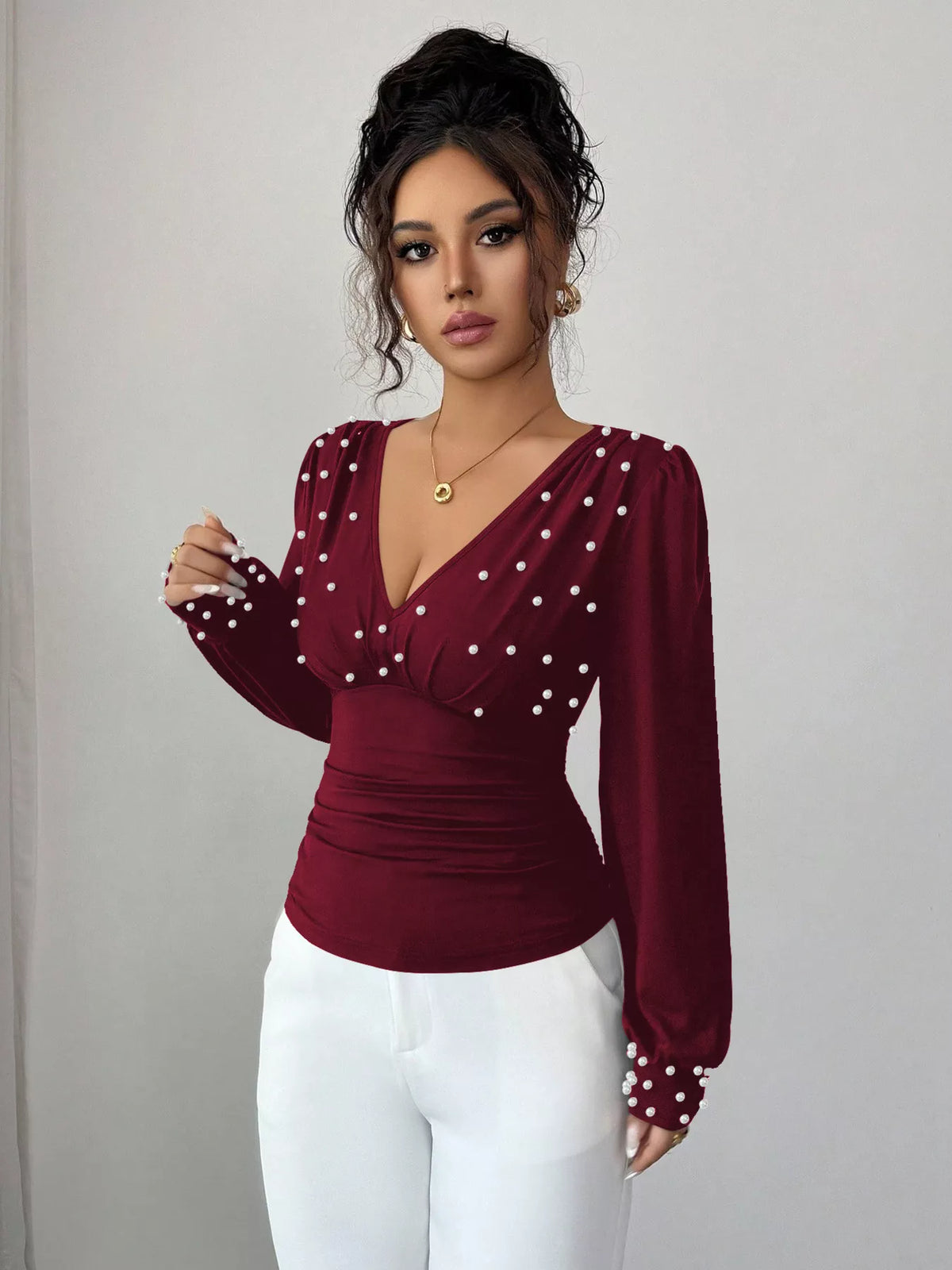 Pearl Embellished V-Neck Blouse