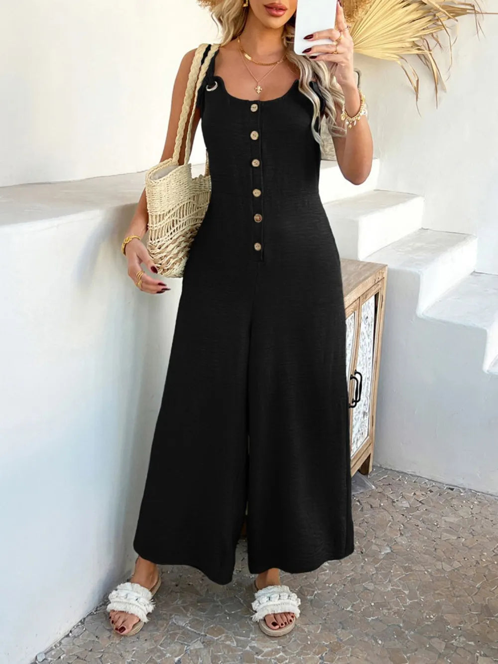Devine Button Front Knotted Strap Wide Leg Jumpsuit