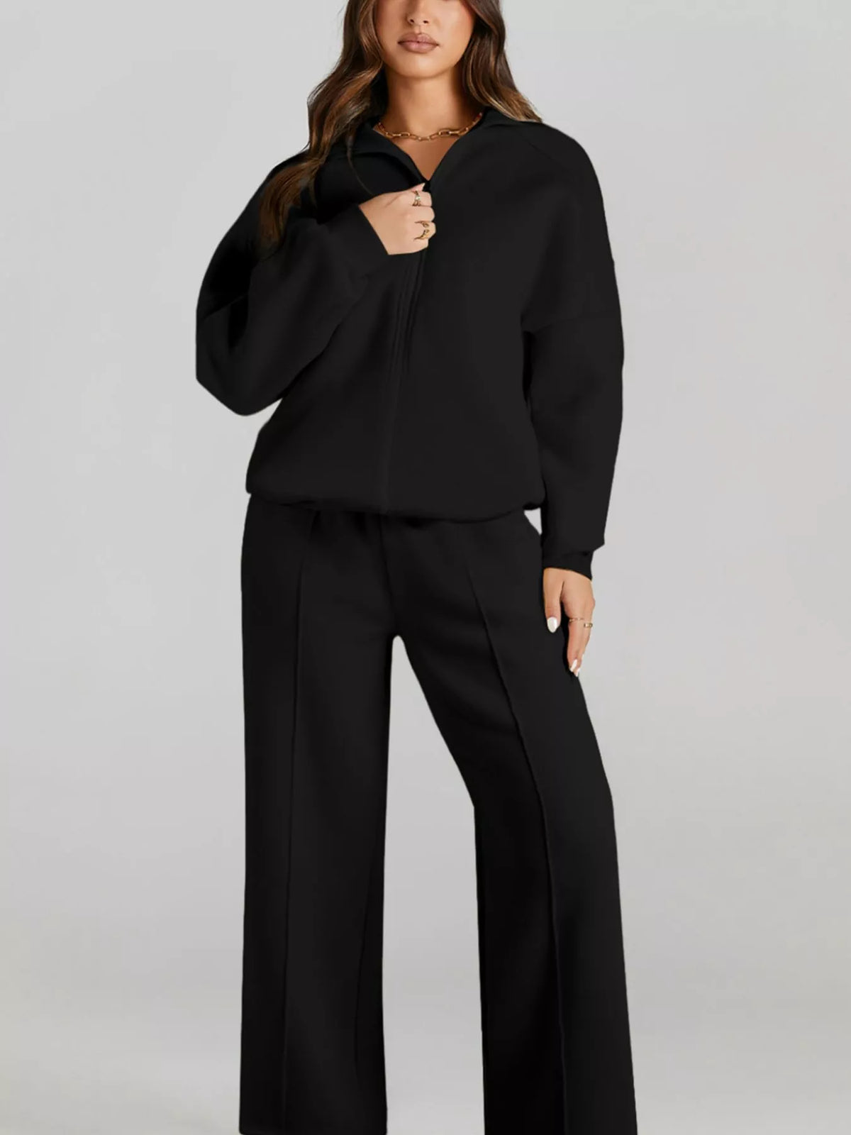 Drop Shoulder Zip Up Jacket and Drawstring Pants Active 2pcs Set