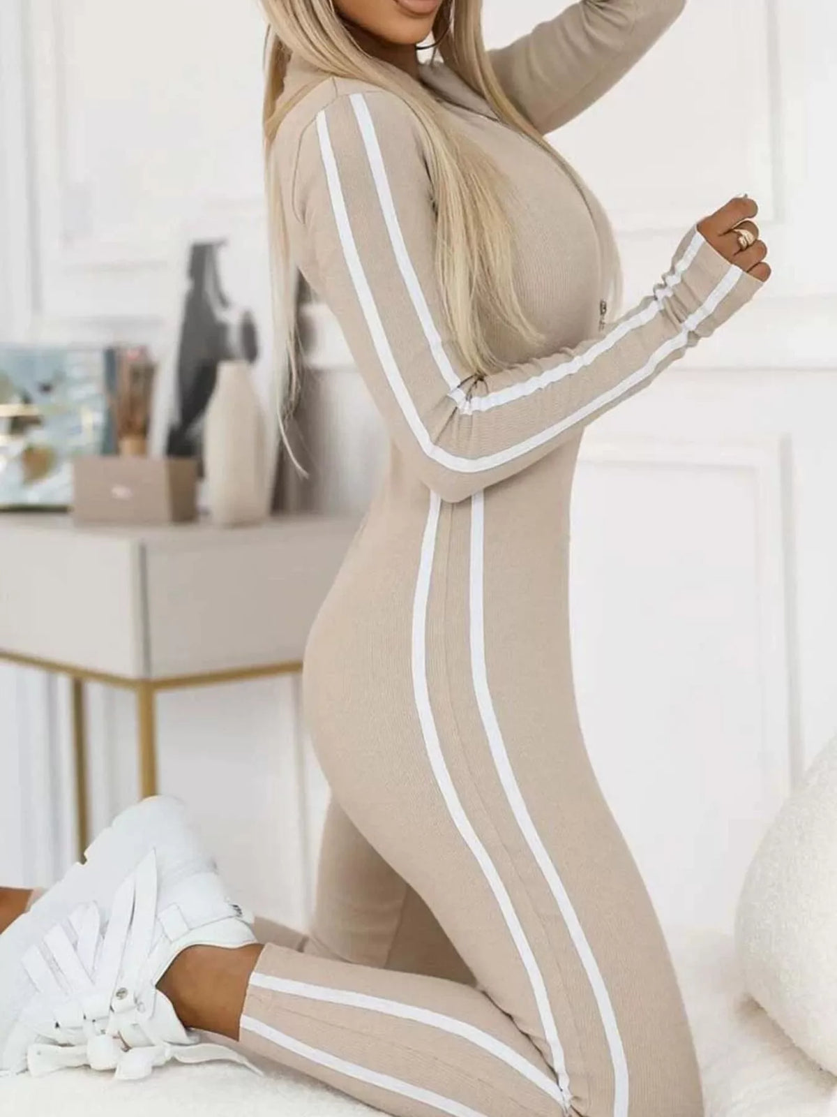 Full Size Stripe Zip-Front Long Sleeve Jumpsuit Plus Size