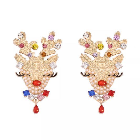 Christmas Reindeer Earrings with Colorful Rhinestones