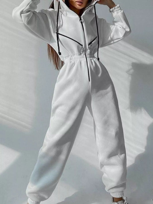 Hooded Zip-Up Long Sleeve Jumpsuit